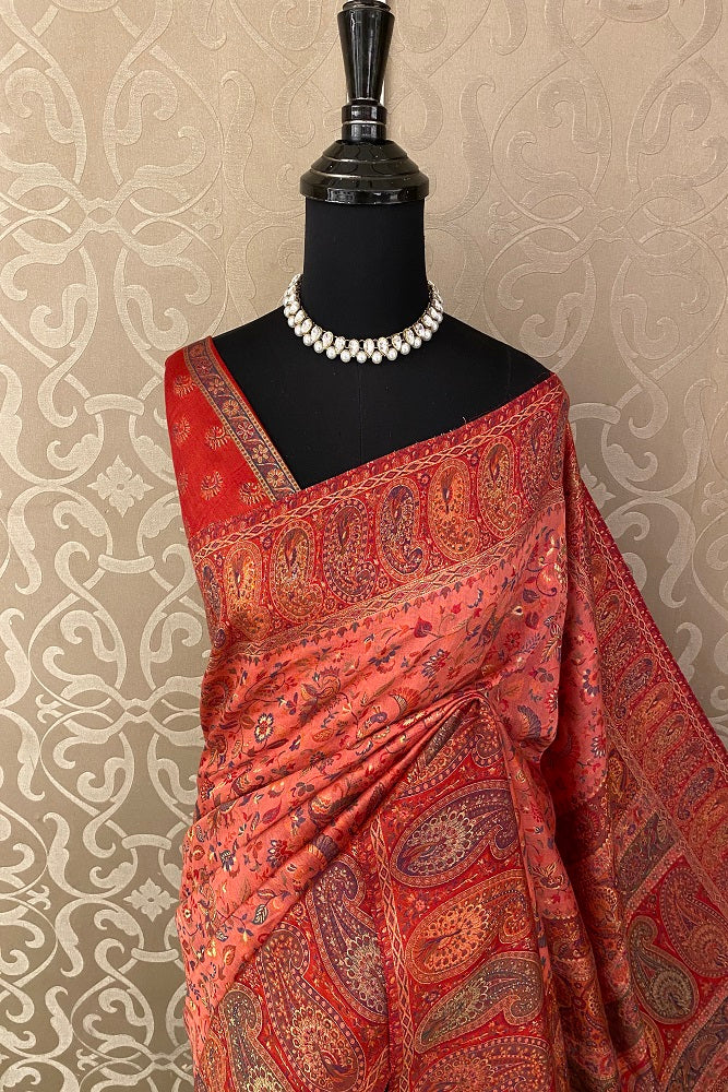 Red Pure Kani Handloom Silk Saree With Floral Woven Blouse