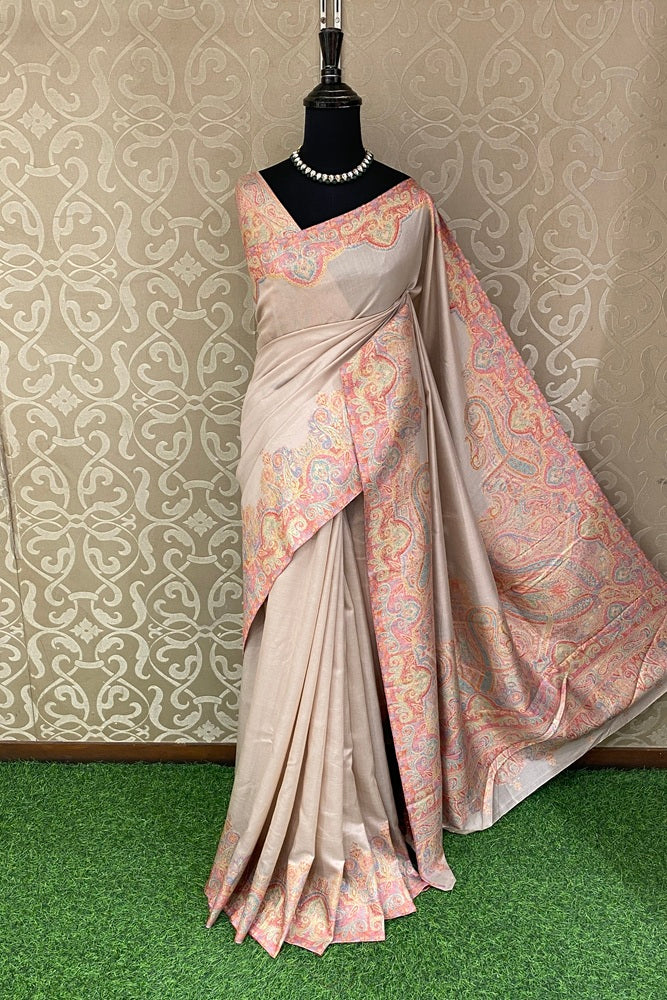 Offwhite Peach Pure Kani Handloom Silk Saree With Unstiched Woven Blouse