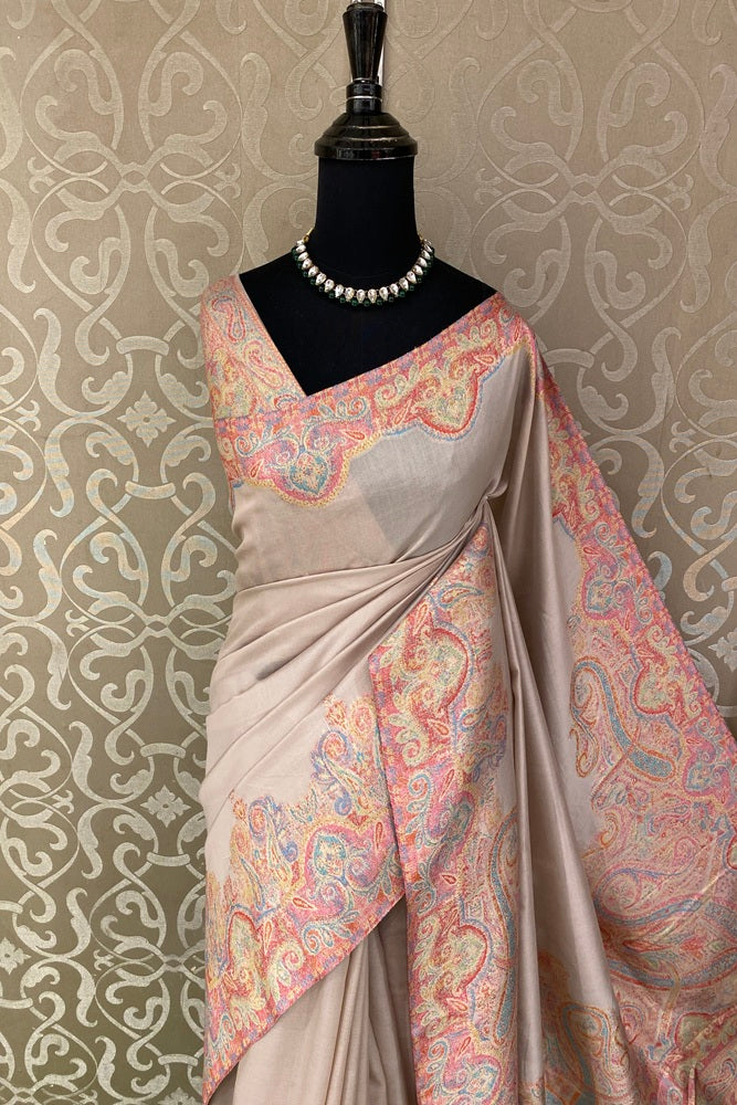 Offwhite Peach Pure Kani Handloom Silk Saree With Unstiched Woven Blouse