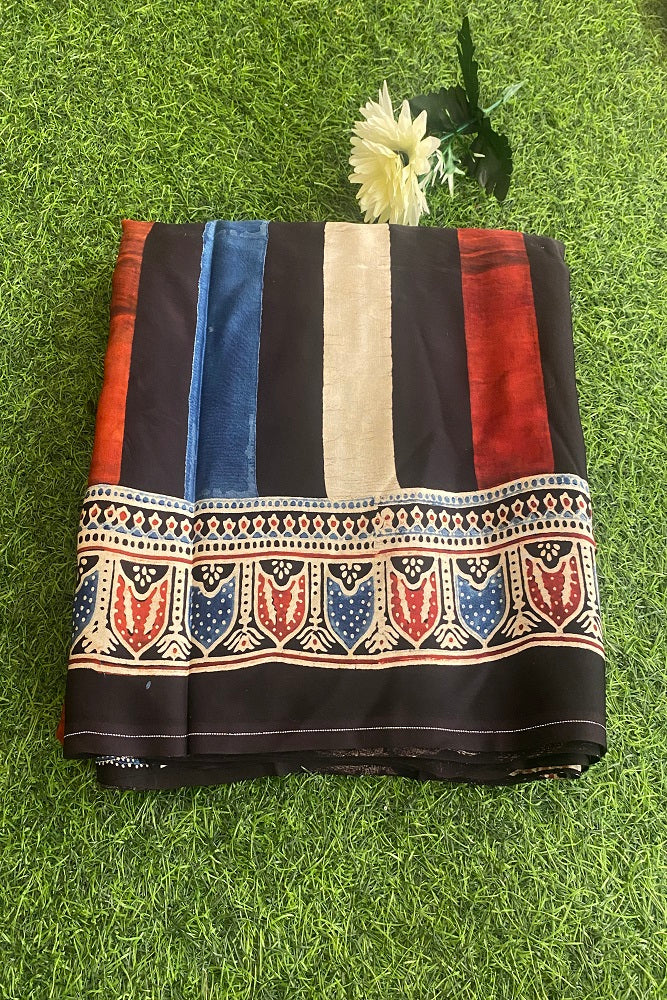 Multi Pure Modal Silk Ajrakh  Printed  Saree With Blouse