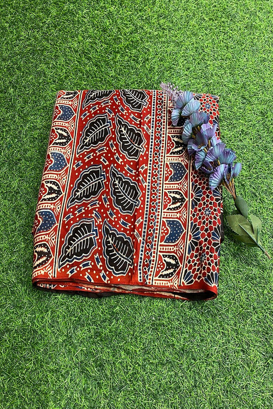 Red Pure Modal Silk Ajrakh  Printed  Saree With Blouse