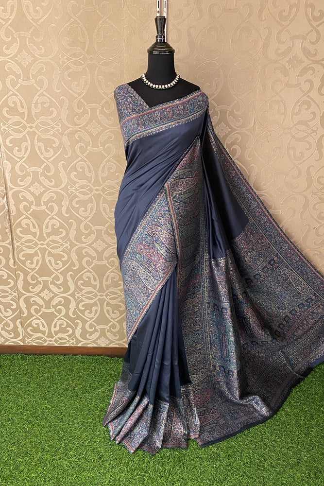 Greish Blue Pure Kani Handloom Silk Saree With Floral, With Unstiched Woven Blouse