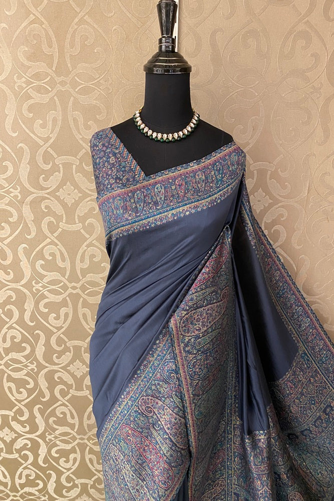 Greish Blue Pure Kani Handloom Silk Saree With Floral, With Unstiched Woven Blouse