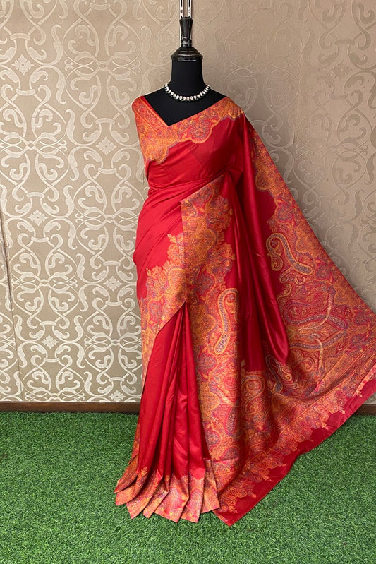 Red Pure Kani Handloom Silk Saree With Unstiched Woven Blouse