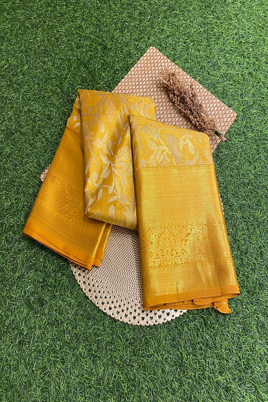 Gold Pure Tissue Kanjeevaram Silk Saree With Blouse