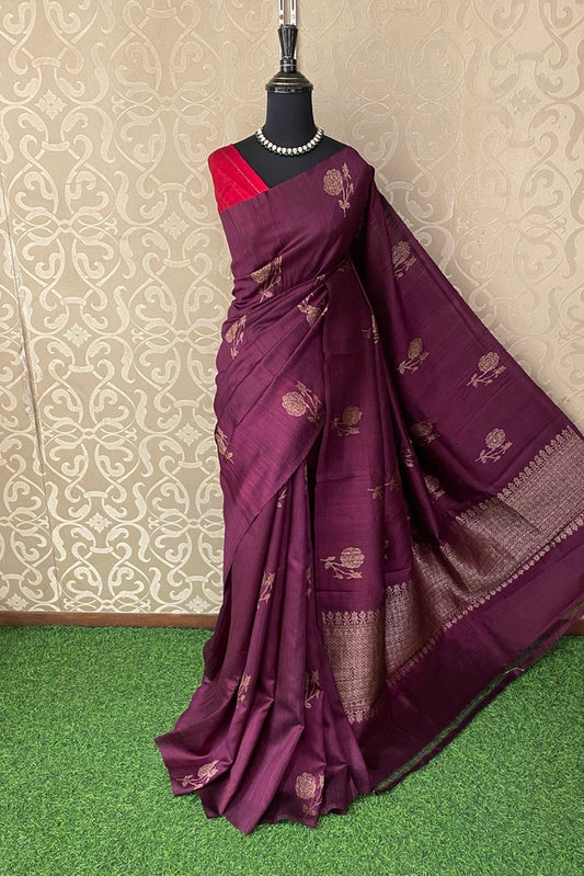 Deep Purple Pure Raw Tussar Banarasi Silk Saree, Hand Woven Motifs With Unstiched Blouse