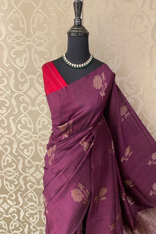 Deep Purple Pure Raw Tussar Banarasi Silk Saree, Hand Woven Motifs With Unstiched Blouse