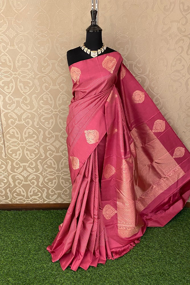 Onion Pink Pure Tissue Kanjeevaram Silk Saree With Blouse