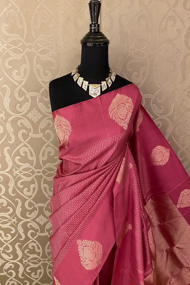 Onion Pink Pure Tissue Kanjeevaram Silk Saree With Blouse