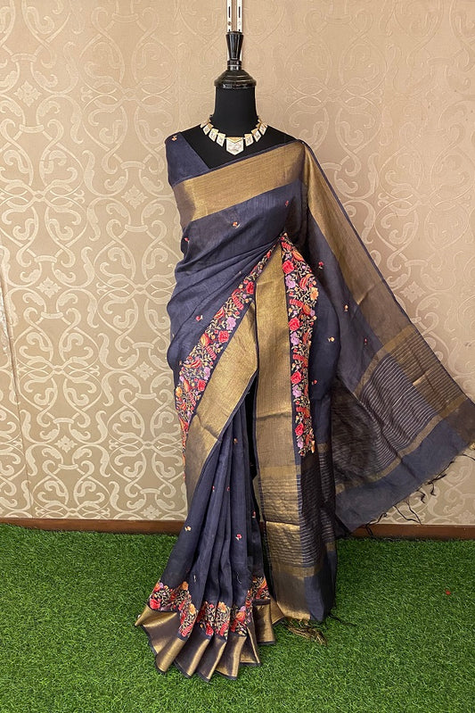 Grey Linen Silk Saree Hand Embroidered Work,  With Blouse Piece