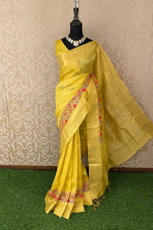 Yellow Linen Silk Saree Hand Embroidered Work,  With Blouse Piece