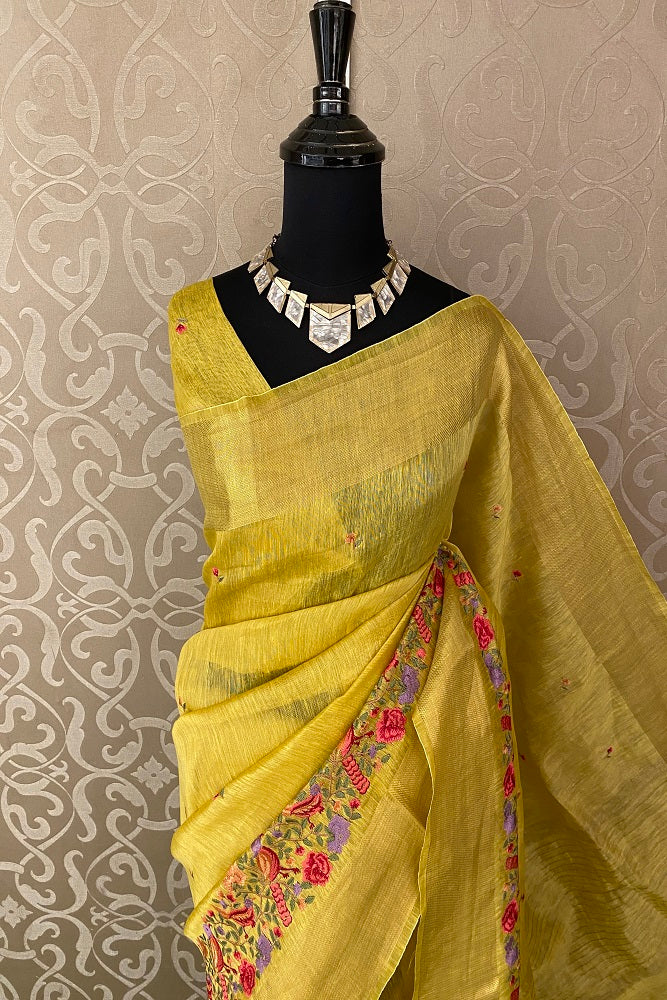 Yellow Linen Silk Saree Hand Embroidered Work,  With Blouse Piece