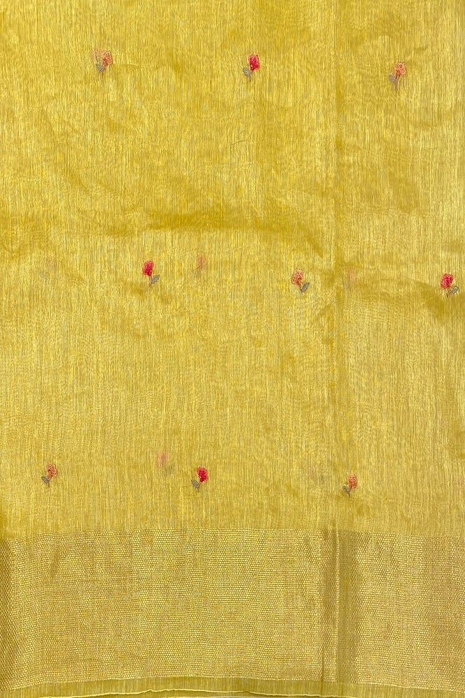 Yellow Linen Silk Saree Hand Embroidered Work,  With Blouse Piece
