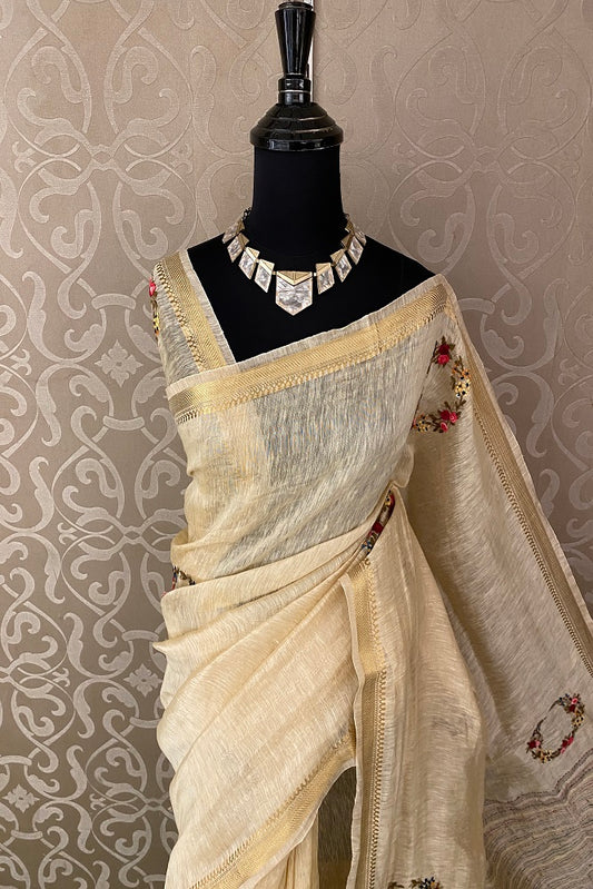 Offwhite Linen Silk Saree Hand Embroidered Work,  With Blouse Piece