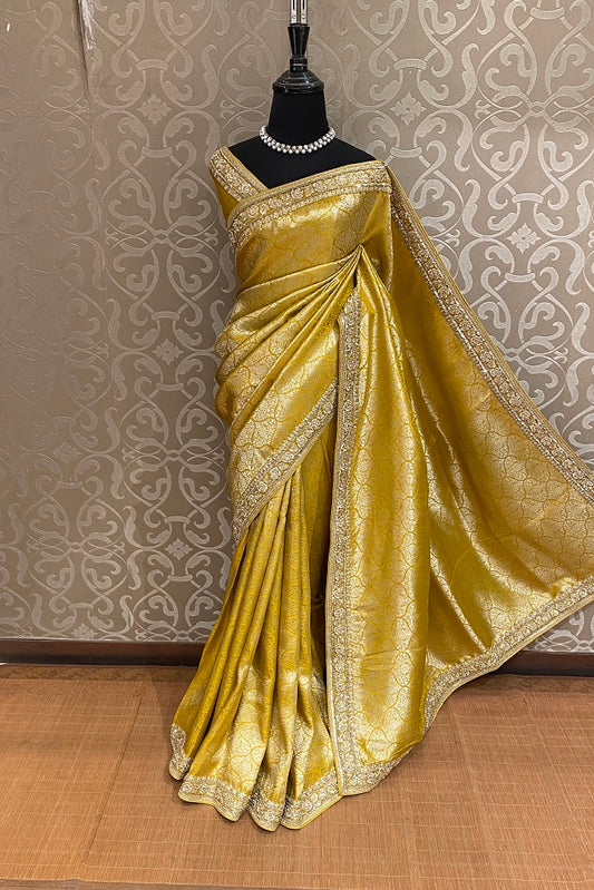 Mustard Yellow Banarasi Silk Saree With Zardosi Border, With Unstiched Blouse