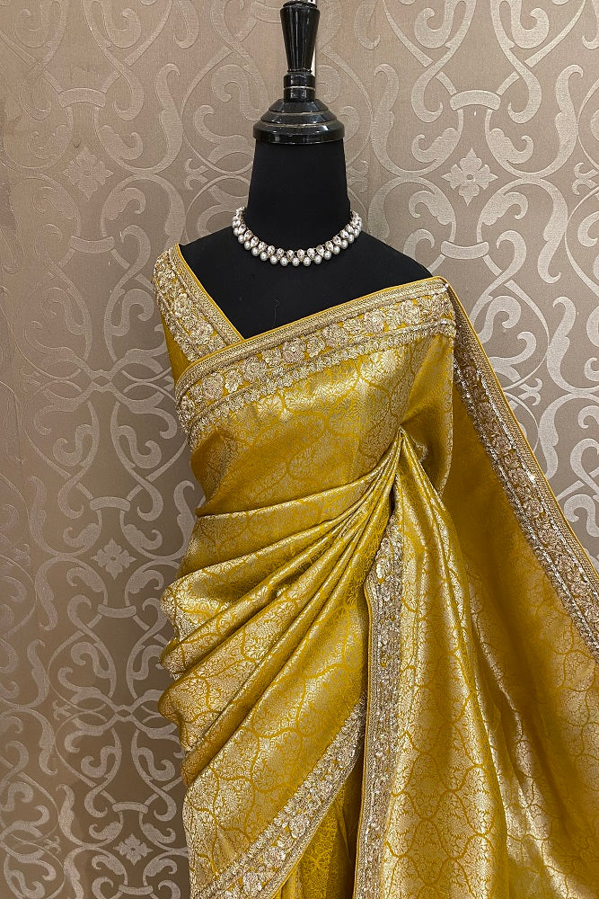 Mustard Yellow Banarasi Silk Saree With Zardosi Border, With Unstiched Blouse