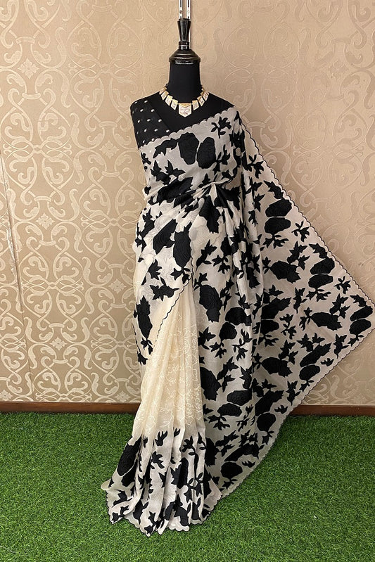 Offwhite & Black Organza Silk Applique Party Wear Saree With Blouse Piece