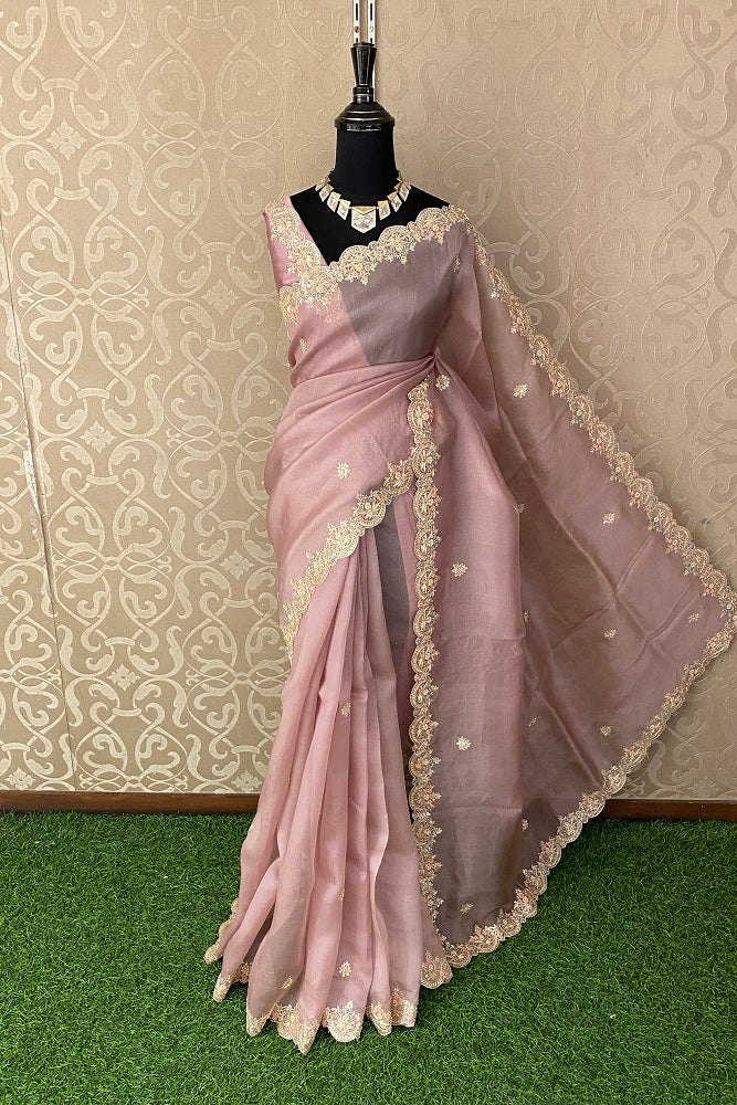 Pink Organza Silk Embroidery Party Wear Saree With Blouse Piece