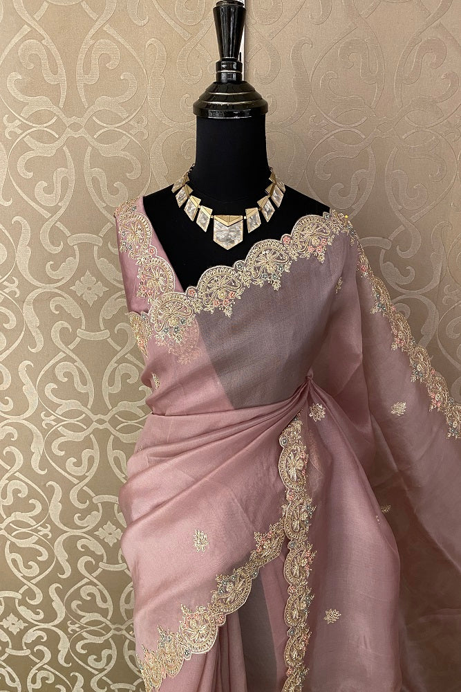 Pink Organza Silk Embroidery Party Wear Saree With Blouse Piece