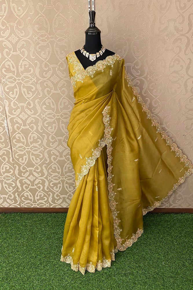 Yellow Organza Silk Embroidery Party Wear Saree With Blouse Piece