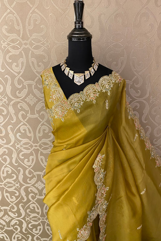 Yellow Organza Silk Embroidery Party Wear Saree With Blouse Piece