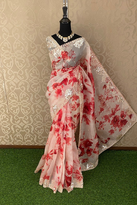 White & Red Organza Silk Embroidery Party Wear Saree With Blouse Piece