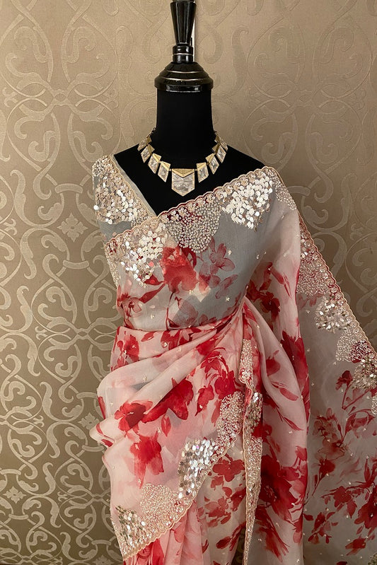 White & Red Organza Silk Embroidery Party Wear Saree With Blouse Piece