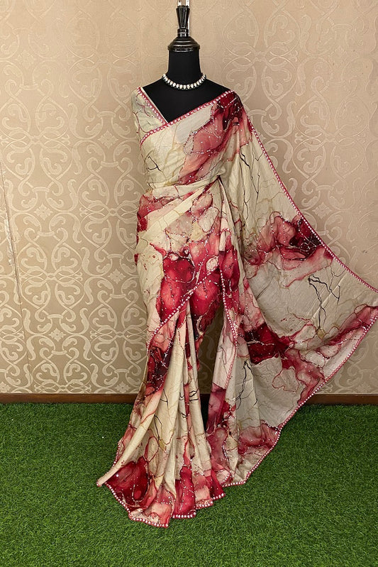 Offwhite Red Crepe Silk Embroidery Party Wear Saree With Blouse Piece