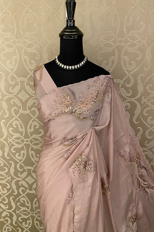 Light Peach Crepe Silk Embroidery Party Wear Saree With Blouse Piece