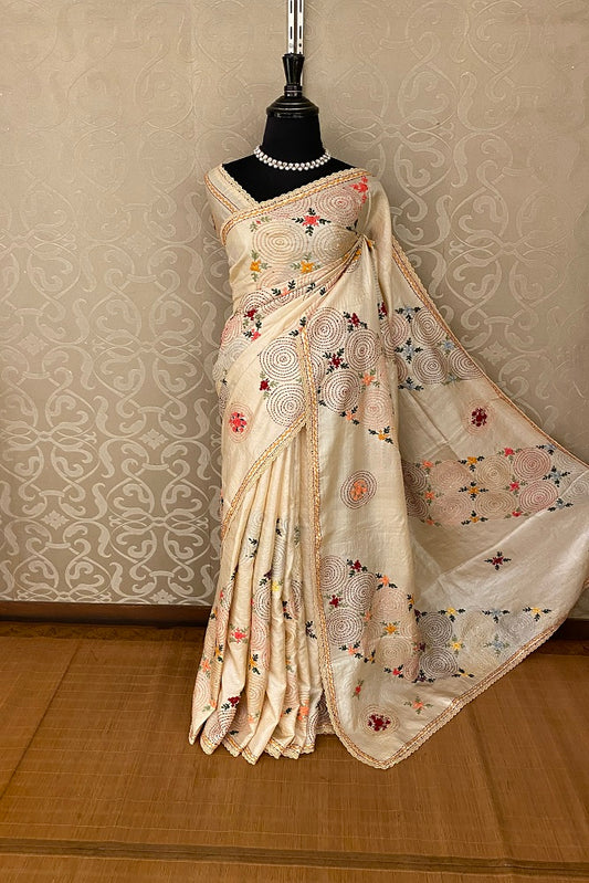 Offwhite Tussar Silk Saree Hand Embroidery Work, With Blouse Piece