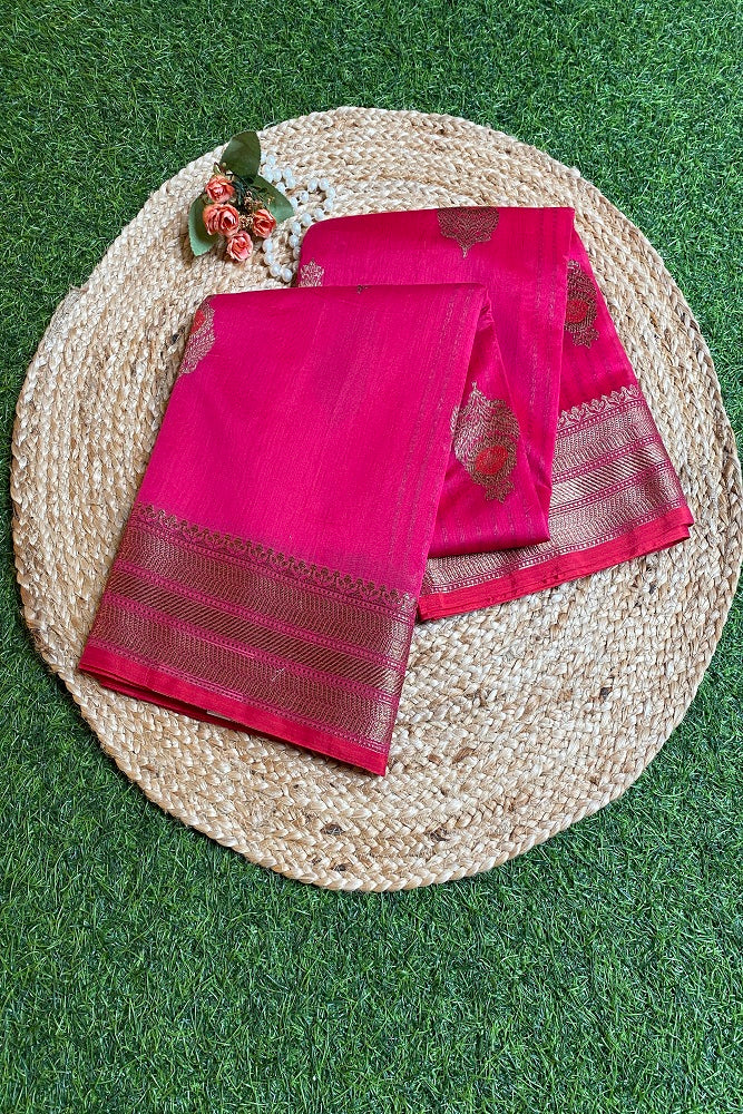Rani Pink Chanderi Silk Saree Zari Butas With Blouse Piece