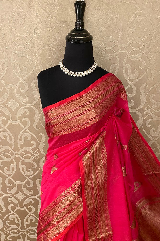 Rani Pink Chanderi Silk Saree Zari Butas With Blouse Piece