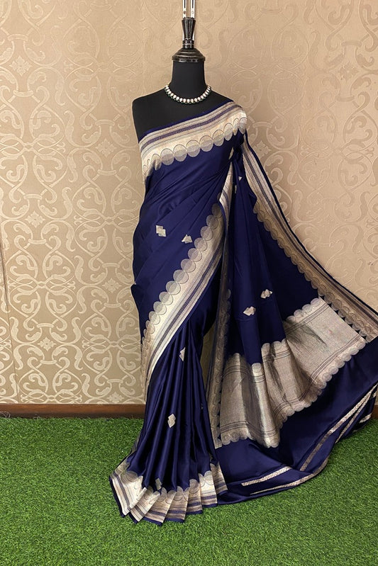 Navy Blue Mashru Silk Banarasi Handloom Saree, With Unstiched Blouse