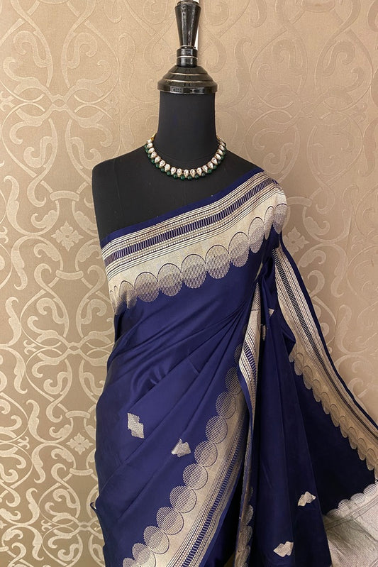 Navy Blue Mashru Silk Banarasi Handloom Saree, With Unstiched Blouse