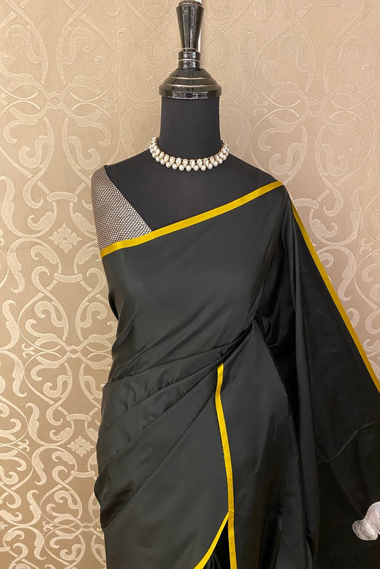 Black Mashru Silk Banarasi Kadwa Handloom Saree Without Border