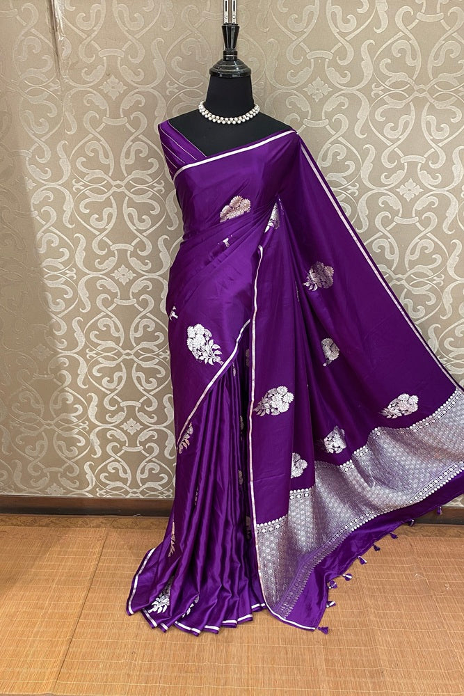 Deep Purple Mashru Silk Banarasi Handloom Saree, With Unstiched Blouse