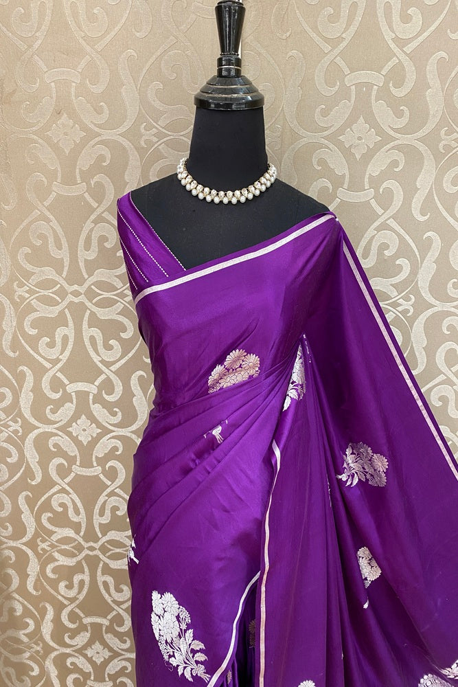 Deep Purple Mashru Silk Banarasi Handloom Saree, With Unstiched Blouse