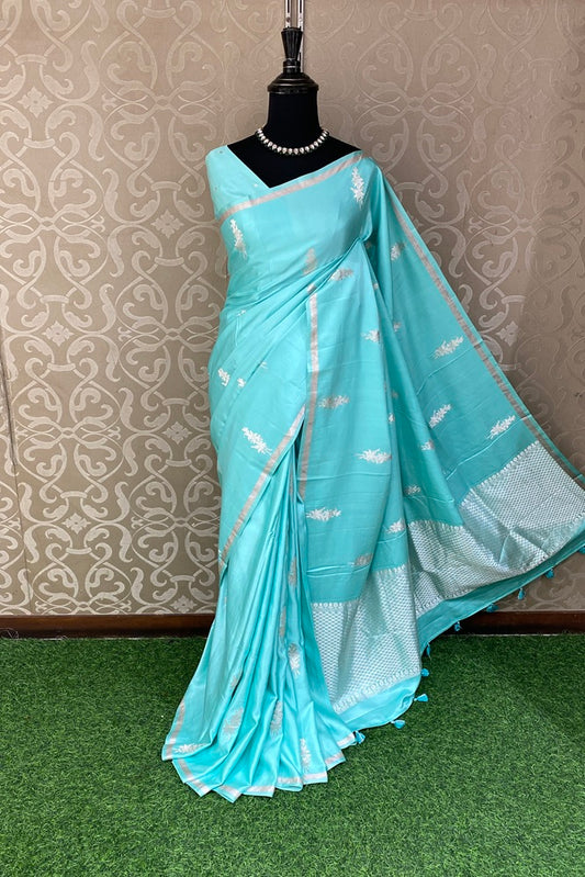 Aqua Blue Mashru Silk Banarasi Handloom Saree, With Unstiched Blouse