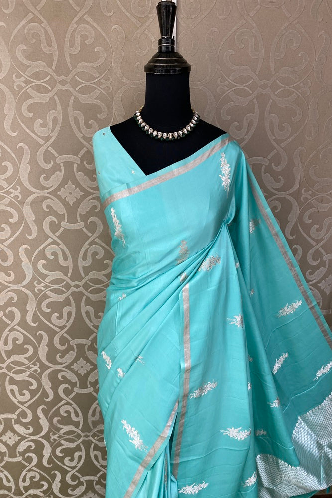 Aqua Blue Mashru Silk Banarasi Handloom Saree, With Unstiched Blouse