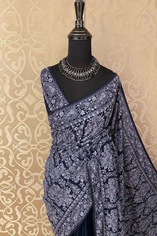 Midnight Blue Georgette Saree With Kashmiri Embroidery, Unstitched Blouse