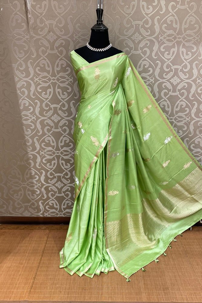 Pastel Green Mashru Silk Banarasi Handloom Saree, With Unstiched Blouse