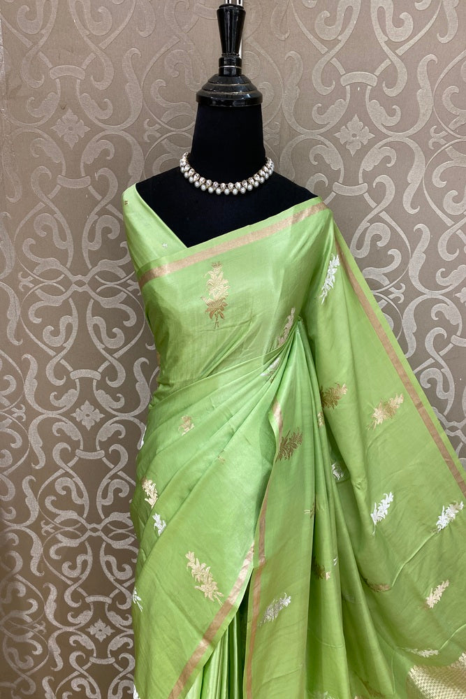 Pastel Green Mashru Silk Banarasi Handloom Saree, With Unstiched Blouse
