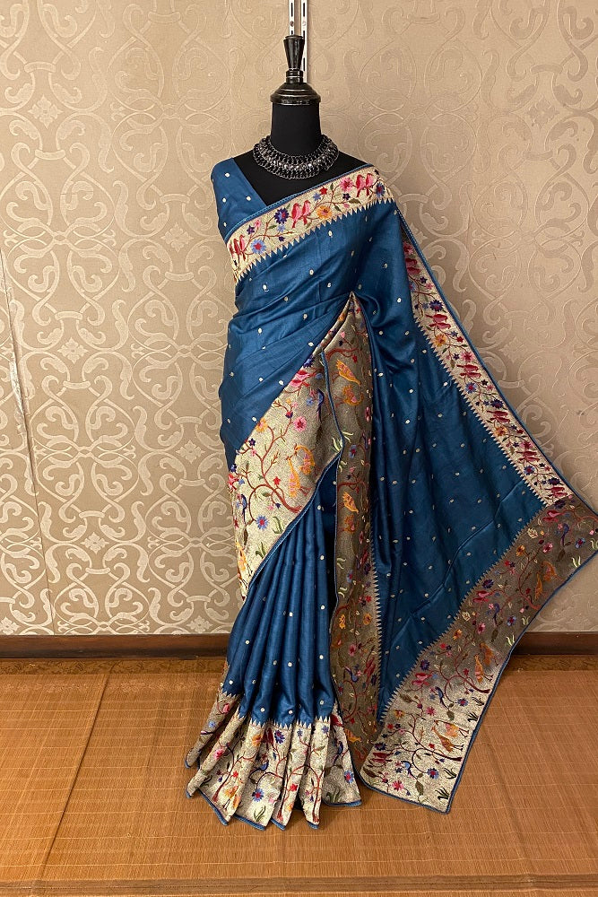 Teal Blue Tussar Silk Saree Pita Zari Embroidery Work, With Blouse Piece