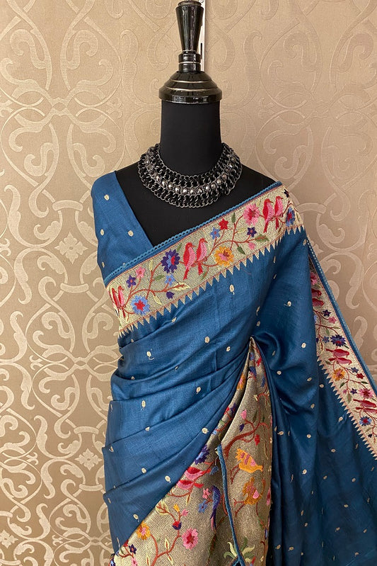 Teal Blue Tussar Silk Saree Pita Zari Embroidery Work, With Blouse Piece