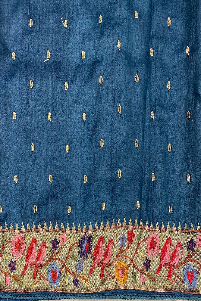 Teal Blue Tussar Silk Saree Pita Zari Embroidery Work, With Blouse Piece