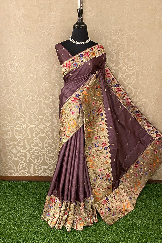 Brown Tussar Silk Saree Pita Zari Embroidery Work, With Blouse Piece