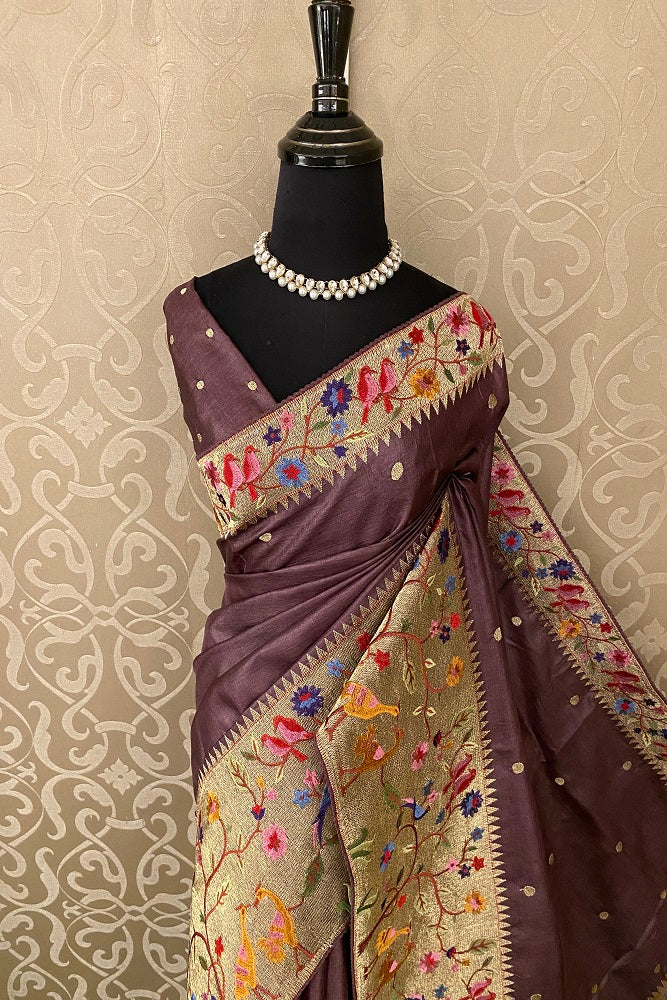 Brown Tussar Silk Saree Pita Zari Embroidery Work, With Blouse Piece