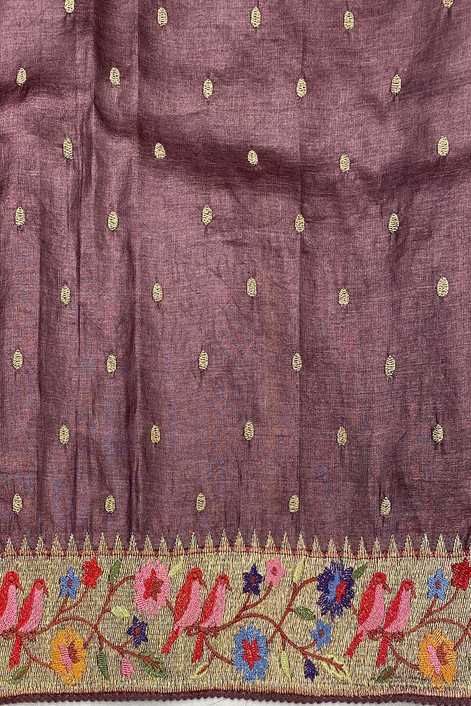 Brown Tussar Silk Saree Pita Zari Embroidery Work, With Blouse Piece