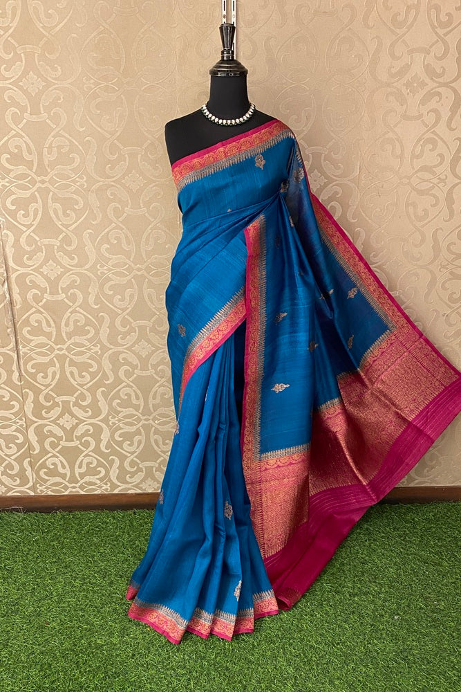 Blue Tussar Banarasi Silk Saree, Hand Woven Motifs With Unstiched Blouse