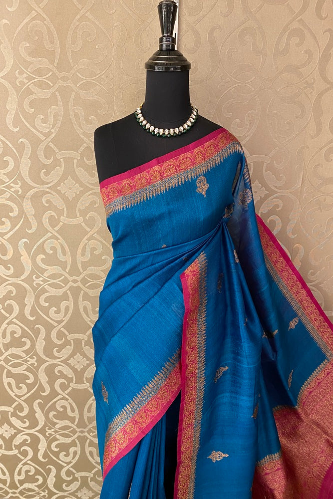 Blue Tussar Banarasi Silk Saree, Hand Woven Motifs With Unstiched Blouse